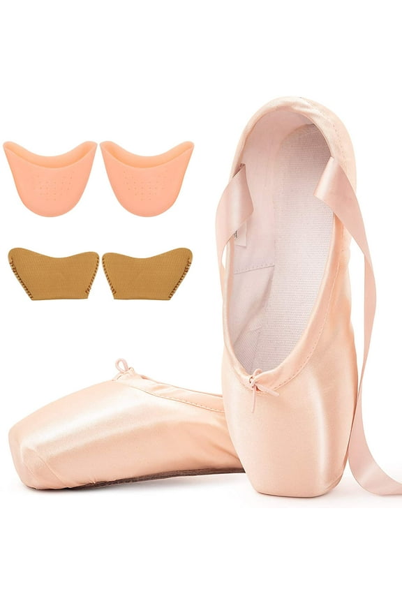 Ballet Pointe Shoes for Girls and Women Pink Satin Dance Shoes with Pre-Sewn Ribbons Toe Pads (Please Choose One Size Larger)