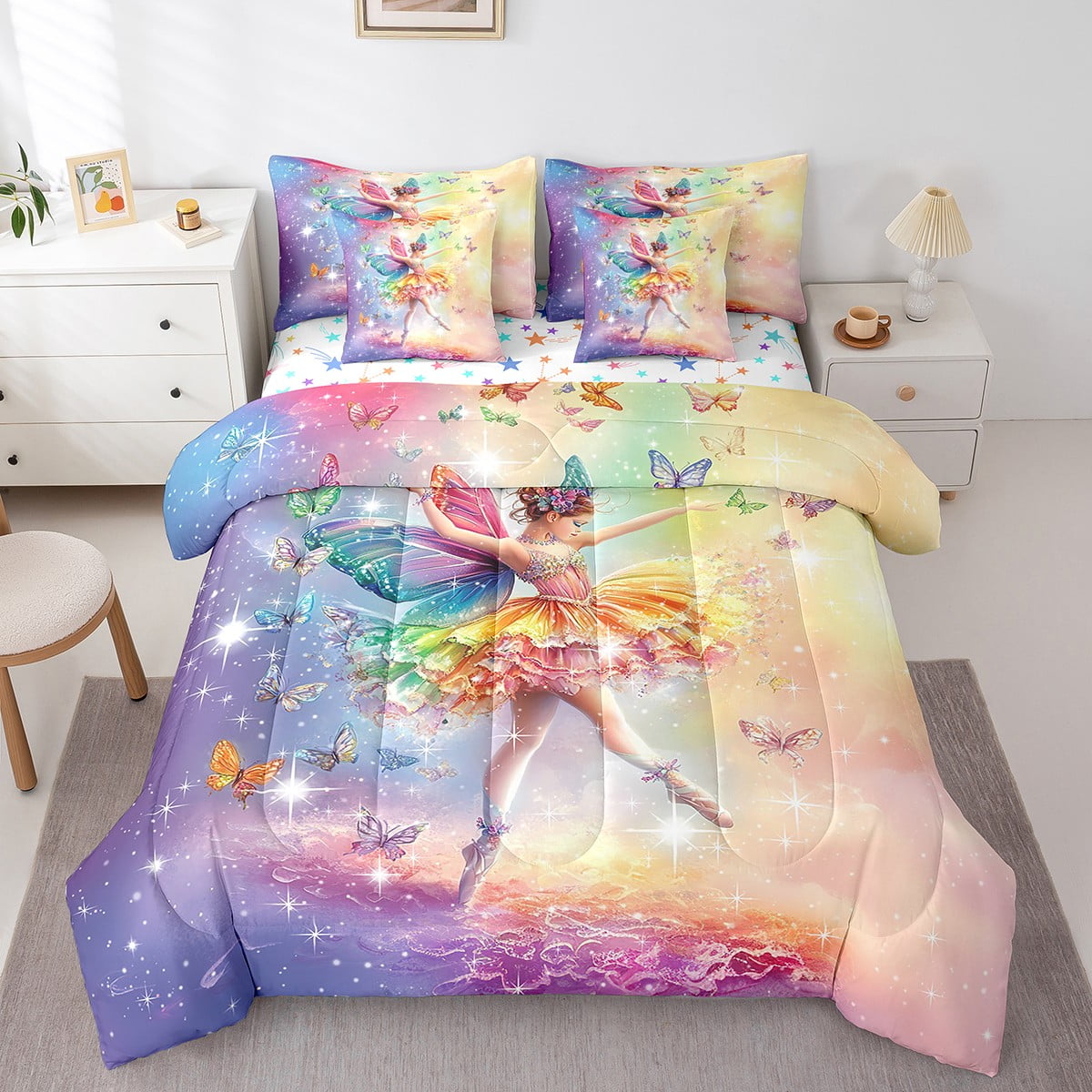 Ballet Princess Full Bedding Set 7 Pieces,Colorful Butterfly Dreamy ...