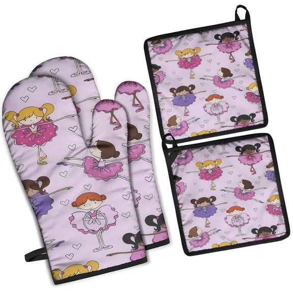 Ballet Princess Girls Pattern Kitchen Oven Mitt and Pot Holder Sets 2 Pcs for Baking, Cooking and Grilling, Heat Resistant Up To 392 °F