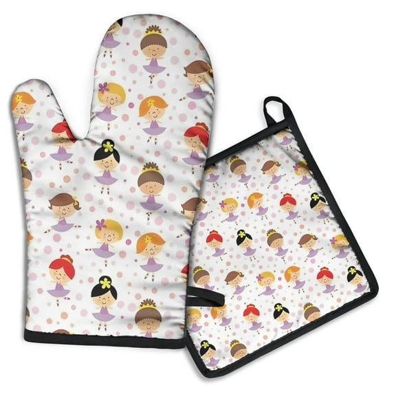 Ballet Princess Girls Pattern Kitchen Oven Mitt and Pot Holder Sets 4 Pcs for Baking, Cooking and Grilling, Heat Resistant Up To 392 °F