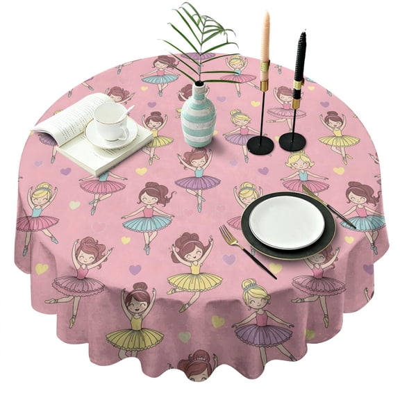Ballet Princess Pattern Round Tablecloth 60"x60",Wrinkle Wipeable Table Cloth for Kitchen Dining Room Picnic Patio Party