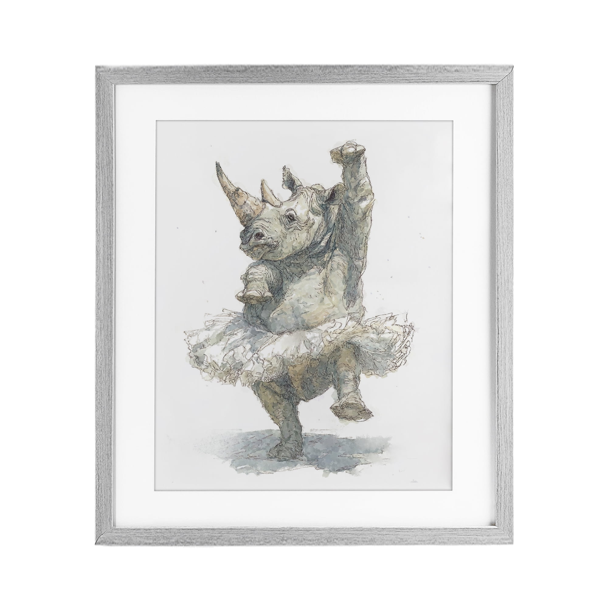 Ballet Rhino Tutu Gray Framed Print Under Glass, design by Ziwei Li