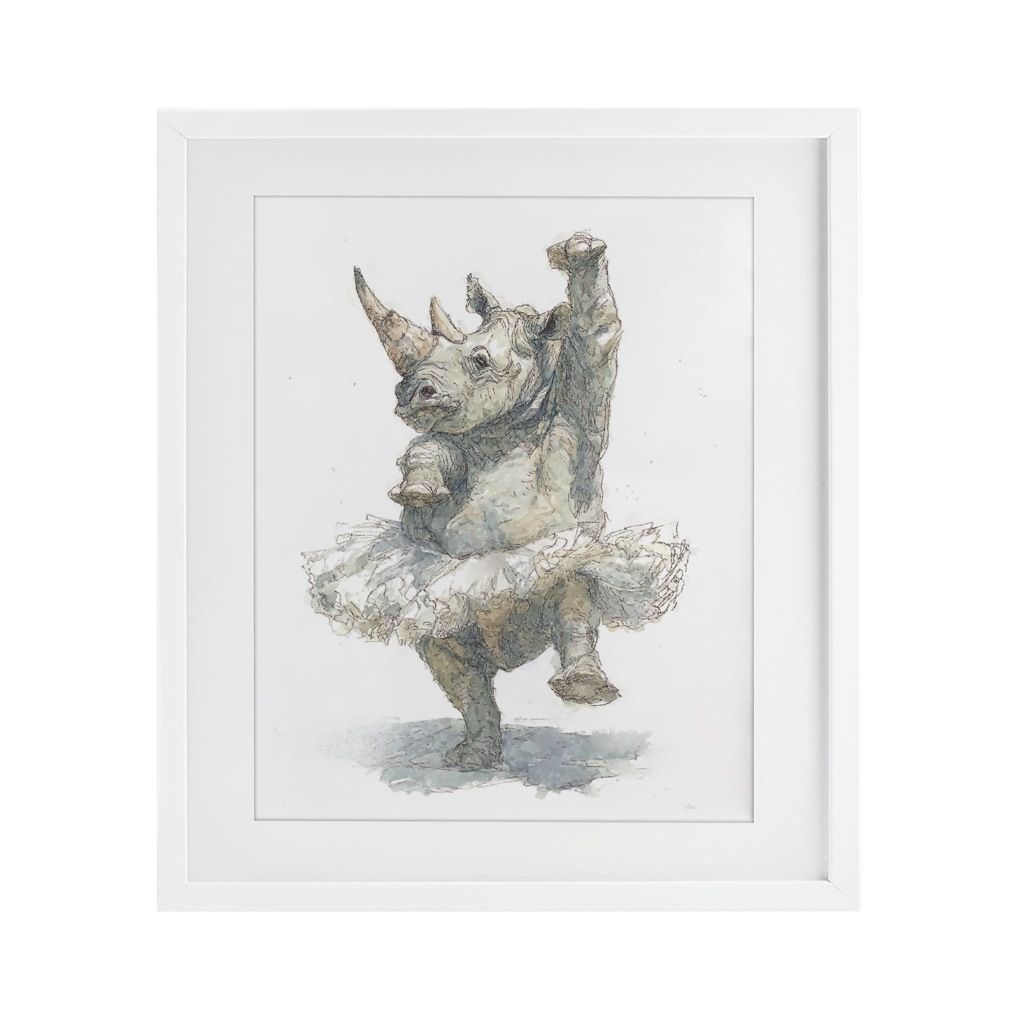 Ballet Rhino Tutu White Framed Print Under Glass, design by Ziwei Li