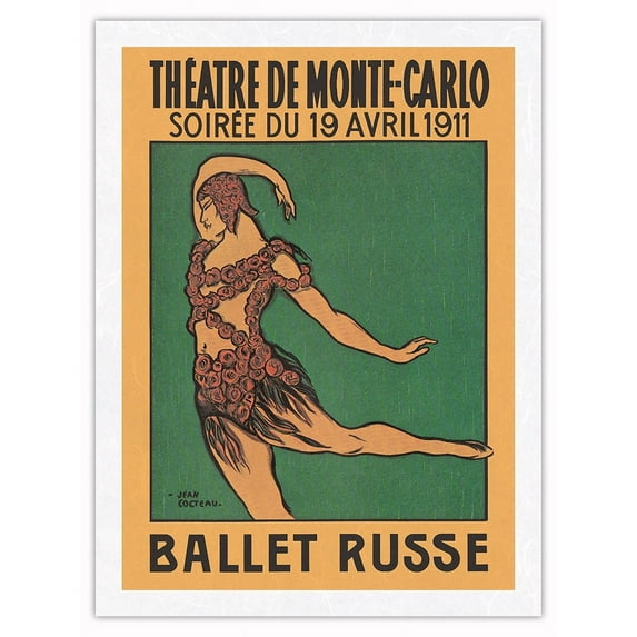 Ballet Russe - Vaslav Nijinsky - Theatre de Monte Carlo - Vintage Dance Poster by Jean Cocteau c.1911 - Japanese Unryu Rice Paper Art Print 24 x 32 in