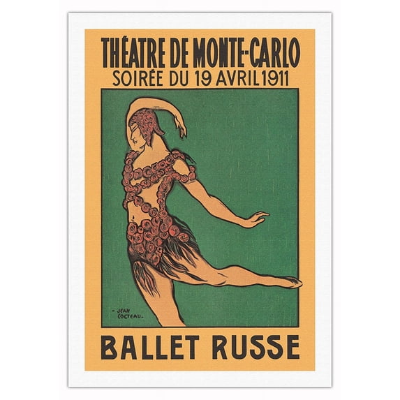 Ballet Russe - Vaslav Nijinsky - Theatre de Monte Carlo - Vintage Dance Poster by Jean Cocteau c.1911 - Fine Art Rolled Canvas Print 27in x 40in