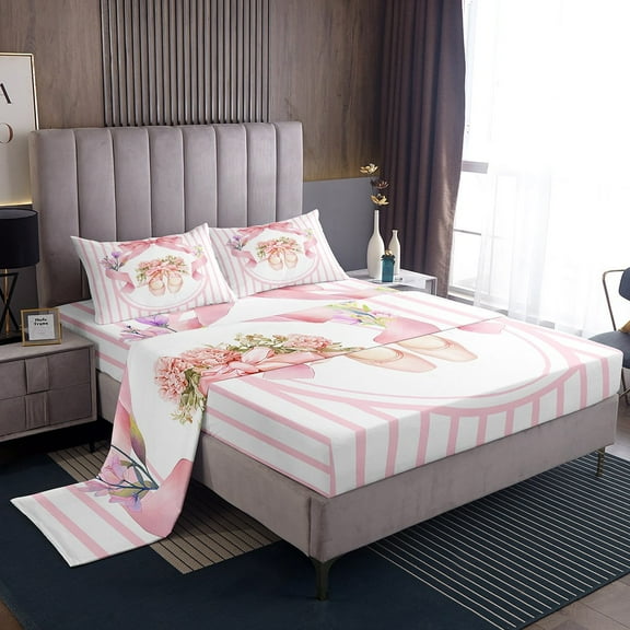 Ballet Shoes Bed Sheet Set ,Dreamy Floral Ballet Dance Pink Bowknot Sheets Set,Princess Style Pink White Circle Striped Sheet Sets with Deep Pocket,Top Flat Sheet,Twin Size