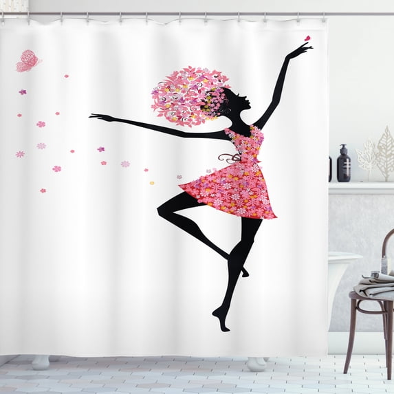 Ballet Shower Curtain, Floral Woman Dancing Flourishing Feminine Beauty Mother Earth Pattern, Fabric Bathroom Set with Hooks, 69W X 75L Inches Long, Pink Black and White, by Ambesonne