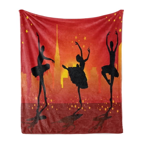 Ballet Soft Flannel Fleece Blanket, Ballerinas Dancing with Stars in Front of Urban Buildings City Scenery, Cozy Plush for Indoor and Outdoor Use, 50" x 70", Orange Vermilion Black, by Ambesonne