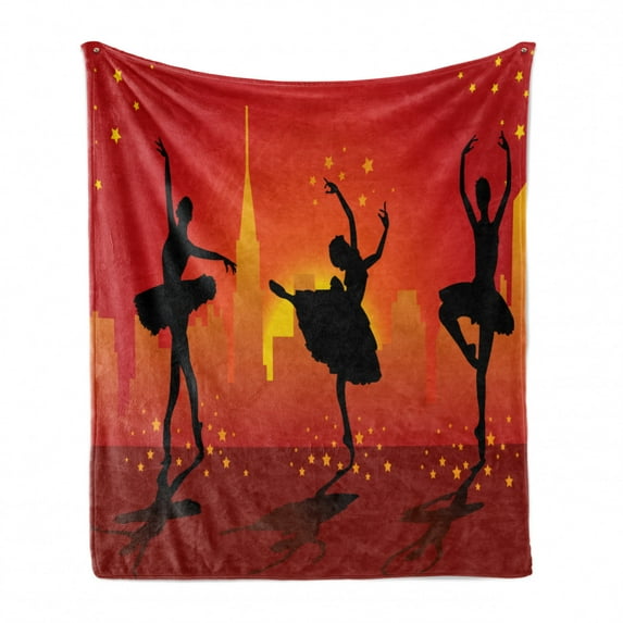 Ballet Soft Flannel Fleece Blanket, Ballerinas Dancing with Stars in Front of Urban Buildings City Scenery, Cozy Plush for Indoor and Outdoor Use, 70" x 90", Orange Vermilion Black, by Ambesonne