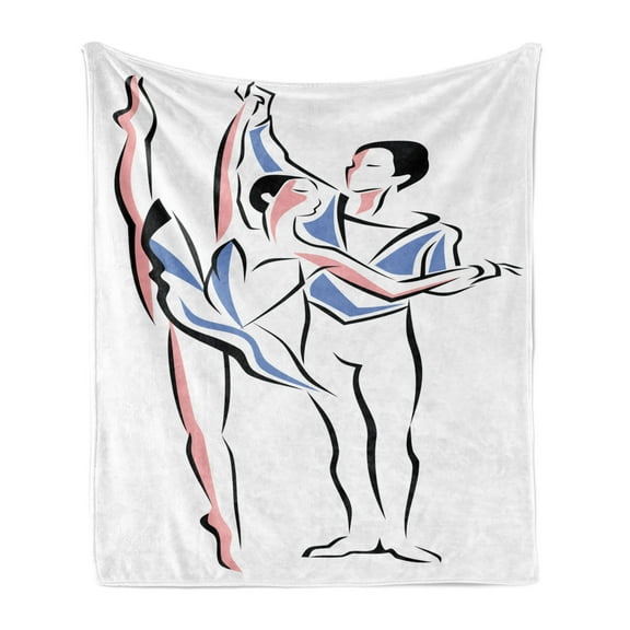 Ballet Soft Flannel Fleece Blanket, Man Woman Dancers Performing Together Classic Stage Theatrical Sketch, Cozy Plush for Indoor and Outdoor Use, 60" x 80", Violet Blue Coral White, by Ambesonne