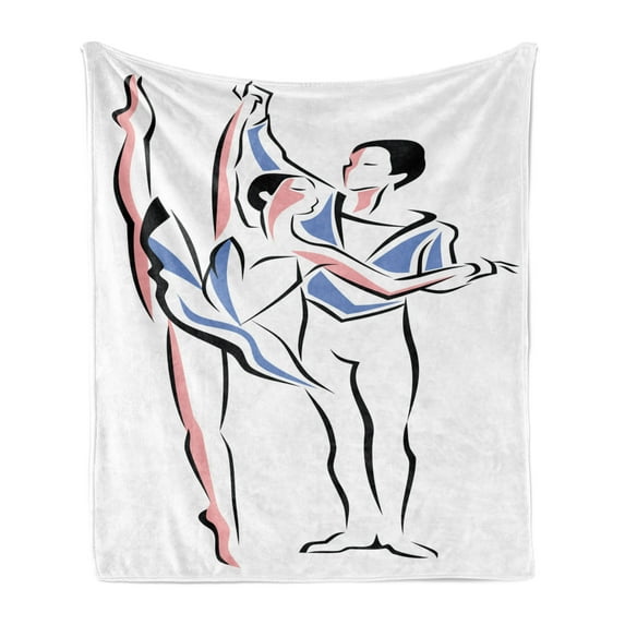 Ballet Soft Flannel Fleece Blanket, Man Woman Dancers Performing Together Classic Stage Theatrical Sketch, Cozy Plush for Indoor and Outdoor Use, 70" x 90", Violet Blue Coral White, by Ambesonne