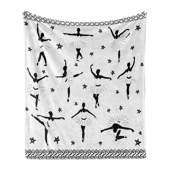 Ballet Soft Flannel Fleece Throw Blanket, Classic Dancers in Baroque Medieval Ballerina Dress with Stars and Scrolls, Cozy Plush for Indoor and Outdoor Use, 50" x 60", Black and White, by Ambesonne