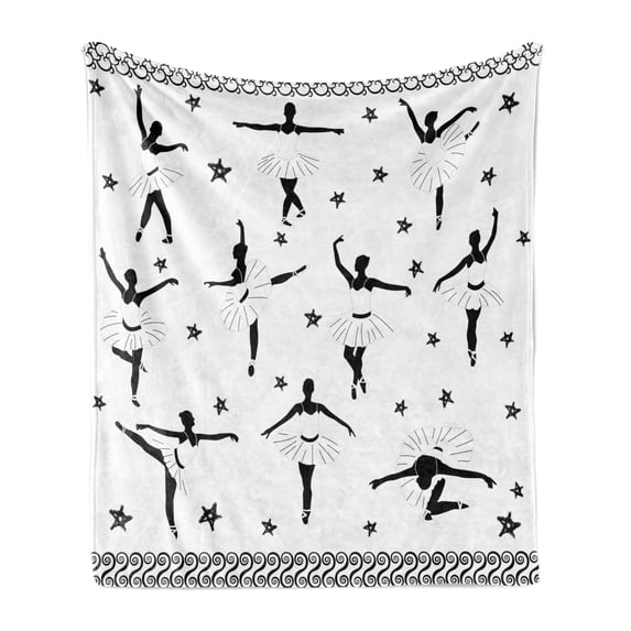 Ballet Soft Flannel Fleece Throw Blanket, Classic Dancers in Baroque Medieval Ballerina Dress with Stars and Scrolls, Cozy Plush for Indoor and Outdoor Use, 70" x 90", Black and White, by Ambesonne