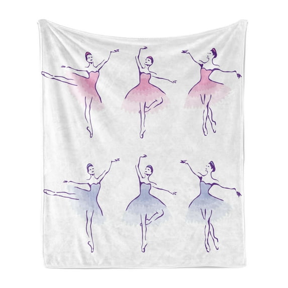 Ballet Soft Flannel Fleece Throw Blanket, Classical Dancer Women Performing Posing Watercolor Style Illustration, Cozy Plush for Indoor and Outdoor Use, 50" x 70", Pink Ceil Blue Purple, by Ambesonne