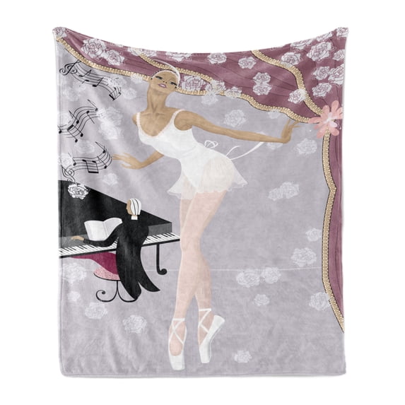 Ballet Soft Flannel Fleece Throw Blanket, Graceful Ballerina on Stage Showered Flowers and Pianist in the Background, Cozy Plush for Indoor and Outdoor Use, 50" x 70", Multicolor, by Ambesonne