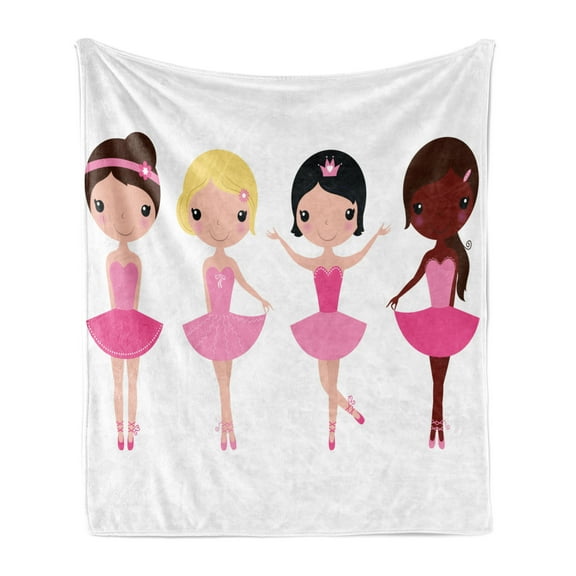 Ballet Soft Flannel Fleece Throw Blanket, Little Happy Girl Ballerinas National Diversity Cartoon Childish Kids Design, Cozy Plush for Indoor and Outdoor Use, 50" x 60", Multicolor, by Ambesonne