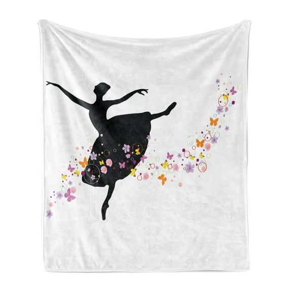 Ballet Soft Flannel Fleece Throw Blanket, Silhouette of Dancer with Flowers Spring Blooms Butterflies Harmony Nature Design, Cozy Plush for Indoor and Outdoor Use, 50" x 60", Multicolor, by Ambesonne