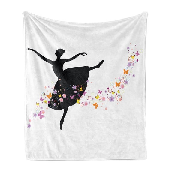 Ballet Soft Flannel Fleece Throw Blanket, Silhouette of Dancer with Flowers Spring Blooms Butterflies Harmony Nature Design, Cozy Plush for Indoor and Outdoor Use, 70" x 90", Multicolor, by Ambesonne