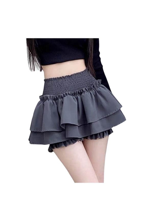 Ballet Style Cake Hem Skirt Women's Western Elastic High Waist Flared Mini Skirt with Wooden Ear Edge Detail