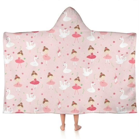 Ballet Swan Princess Pattern Hooded Bath Towel,50"x30" for Ages 3 To 12 Kids, Quick Dry Lightweight Soft Microfiber Hood Beach Towel Cover Up for Kids