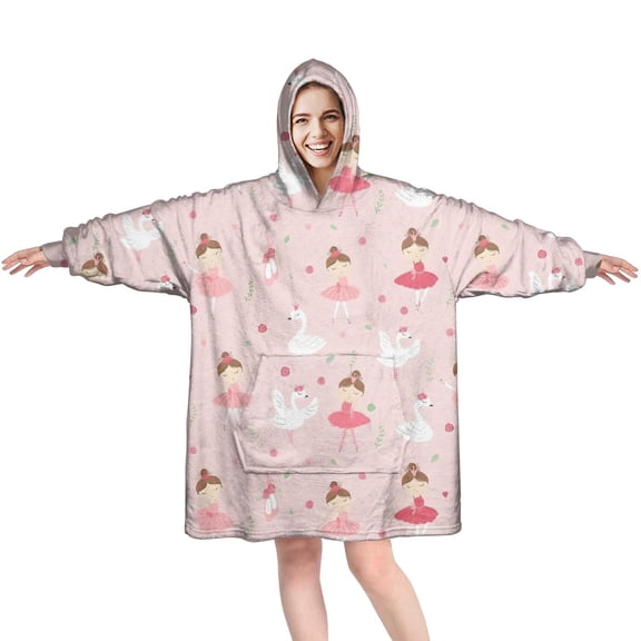 Ballet Swan Princess Pattern Wearable Oversized Blanket,Wearable Blanket Hoodie for Adults,Cozy Hooded Blankets with Super Pockets,Super Warm Fuzzy Pullover for Women & Men