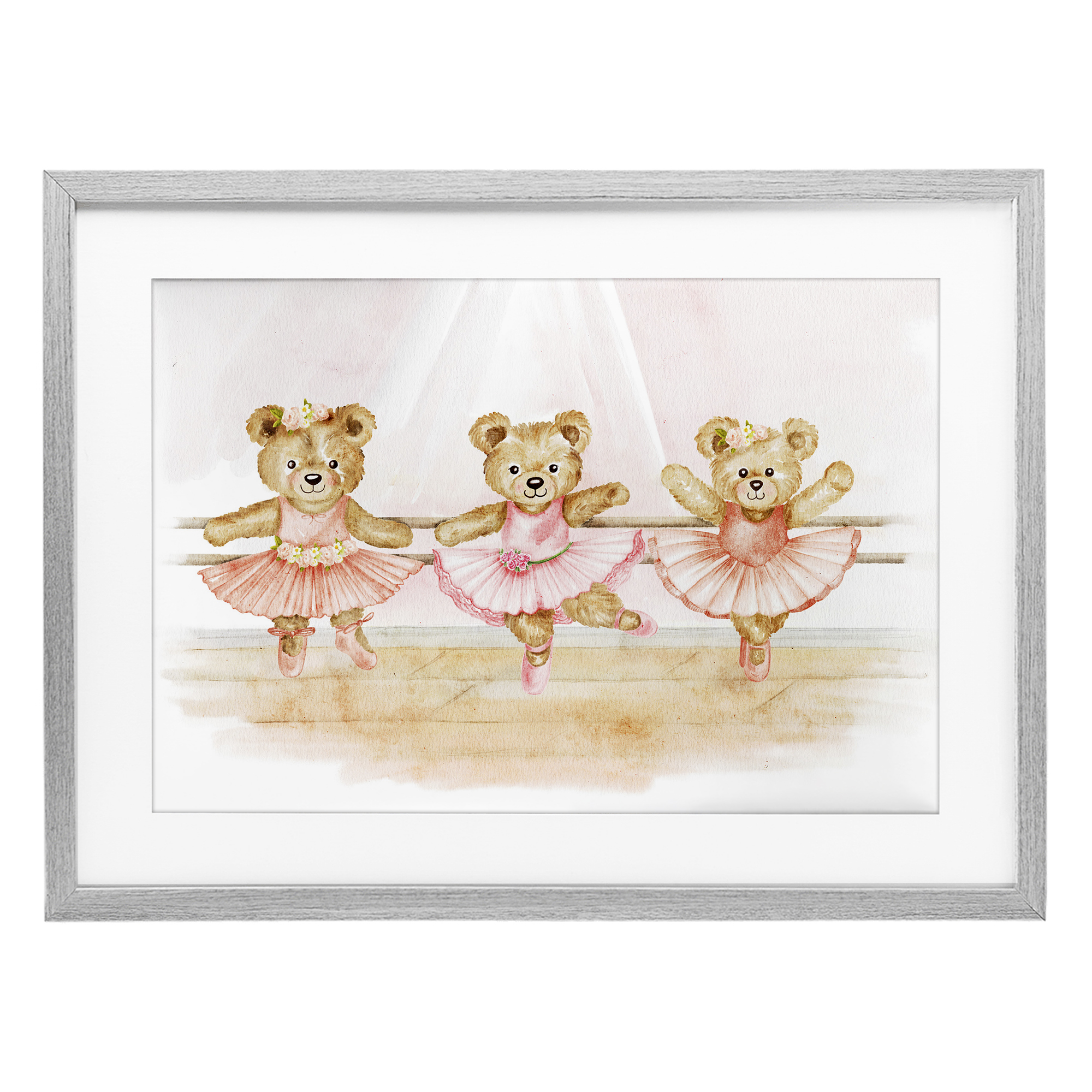 Ballet Teddies Triplet Gray Framed Print Under Glass, design by Amy Hall