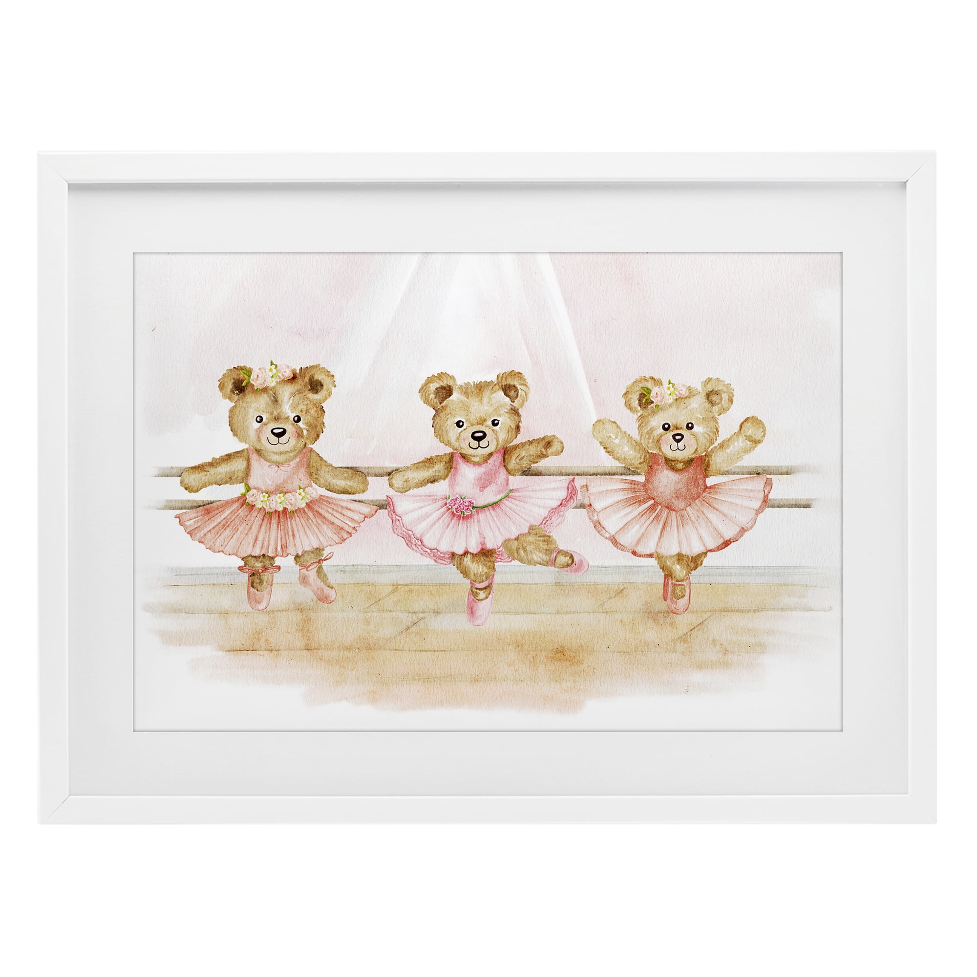 Ballet Teddies Triplet White Framed Print Under Glass, design by Amy Hall