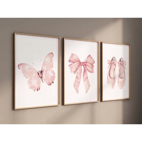 Ballet Theme Nursery Wall Art Pink Butterfly Bow Shoes Prints Baby Girl Room Decor, Stretched Canvas