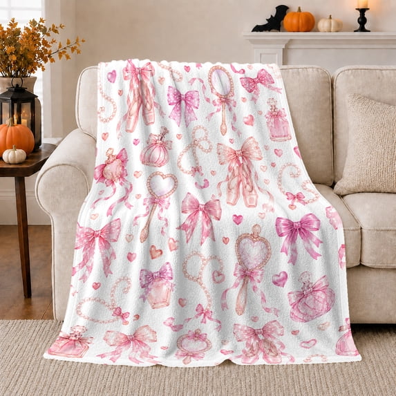 Ballet Theme Romantic Watercolor Pink Bows Pointe Shoes, Cozy Artistic Scene, Warm Flannel Blanket for Office and Dorm, Art Lovers Valentine's Day Gift, Artistic Home Decor
