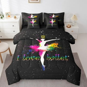 Ballet Twin Comforter Set 7 Piece Rainbow Ballerina Design Bedding Set Cute Dancers Bed In A Bag Starry Sky Pattern Girly Gymnastics Sheet Set With Comforter