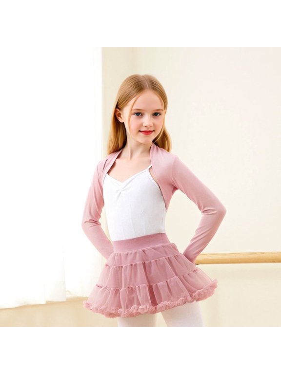 Ballet Wrap Top for Girls Long Sleeve Funnel Neck, Solid Color Modal Capelet Coat Thumb Hole Practice Performance Pink 6-7 Years