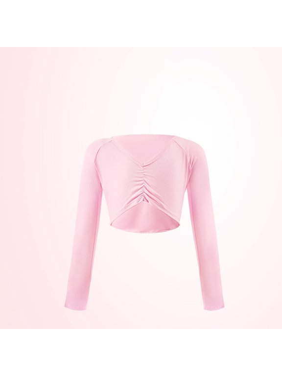Ballet Wrap Top for Girls Long Sleeve Scrunch Neck, Solid Color Shoulder Ruffle Tunic Short Jacket Training Performance Pink 4-5 Years