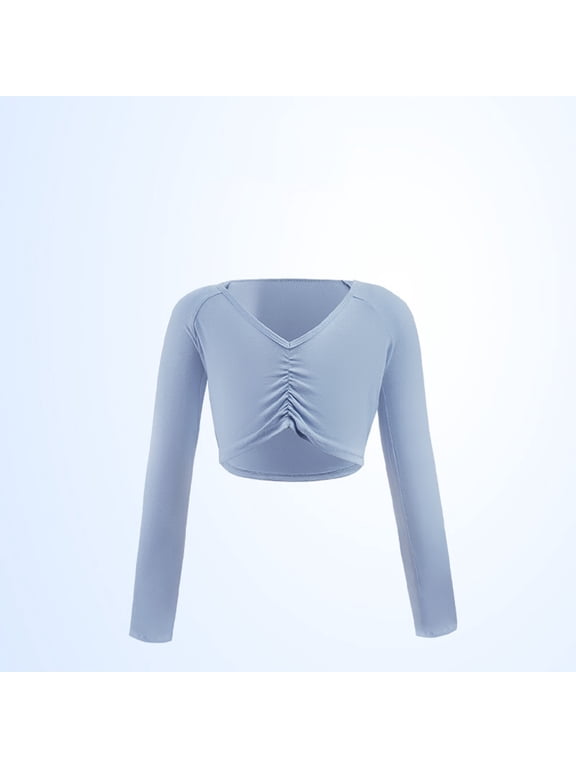 Ballet Wrap Top for Girls Long Sleeve Scrunch Neck, Solid Color Shoulder Ruffle Tunic Short Jacket Training Performance