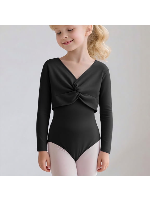 Ballet Wrap Top for Girls Long Sleeve Scrunch Neck, Solid Color Thermal Fleece Lined Layering Vest Ballet Practice Dance Wear