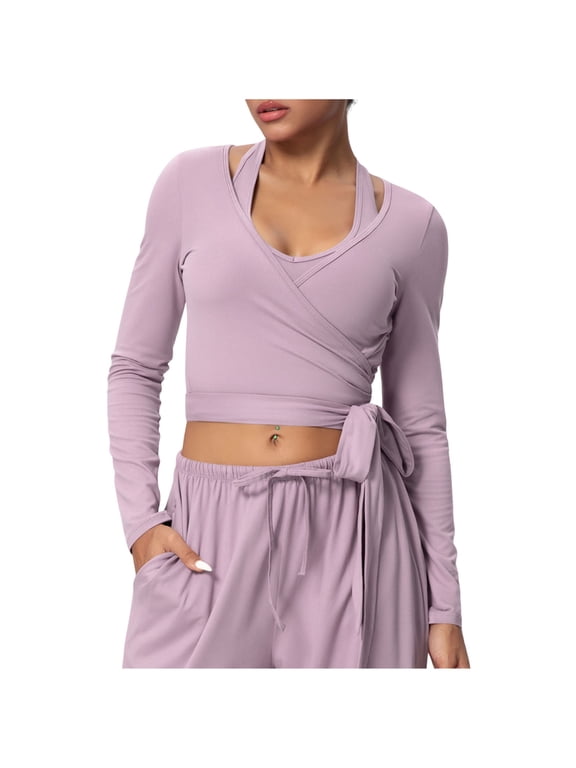 Ballet Wrap Tops for Women Long Sleeve Cross Tie Crop Shirts Deep V Neck Yoga Blouse Workout Pilates Dance Clothes