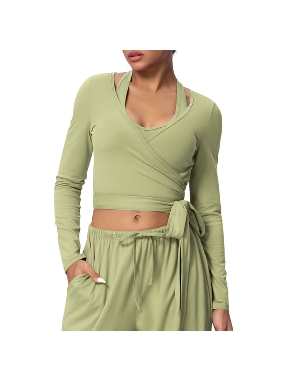 Ballet Wrap Tops for Women Long Sleeve Cross Tie Crop Shirts Deep V Neck Yoga Blouse Workout Pilates Dance Clothes