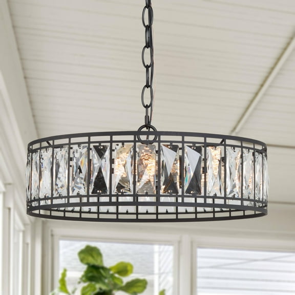 LNC Ballet 3-Light 1-Tier Modern Metal and Crystal Matte Black Hardwired Drum Chandelier