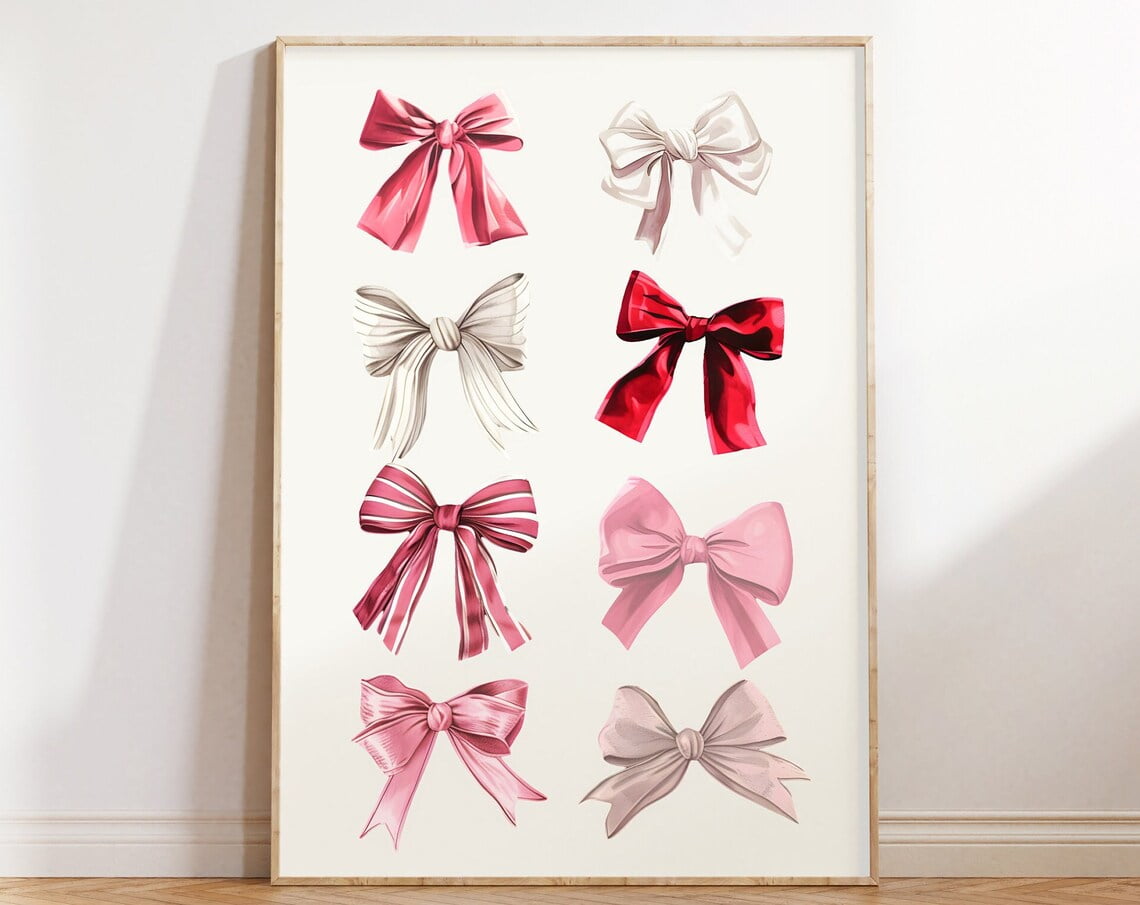Balletcore Wall Art, Coquette Room Decor, Trendy Watercolor Bows Print ...