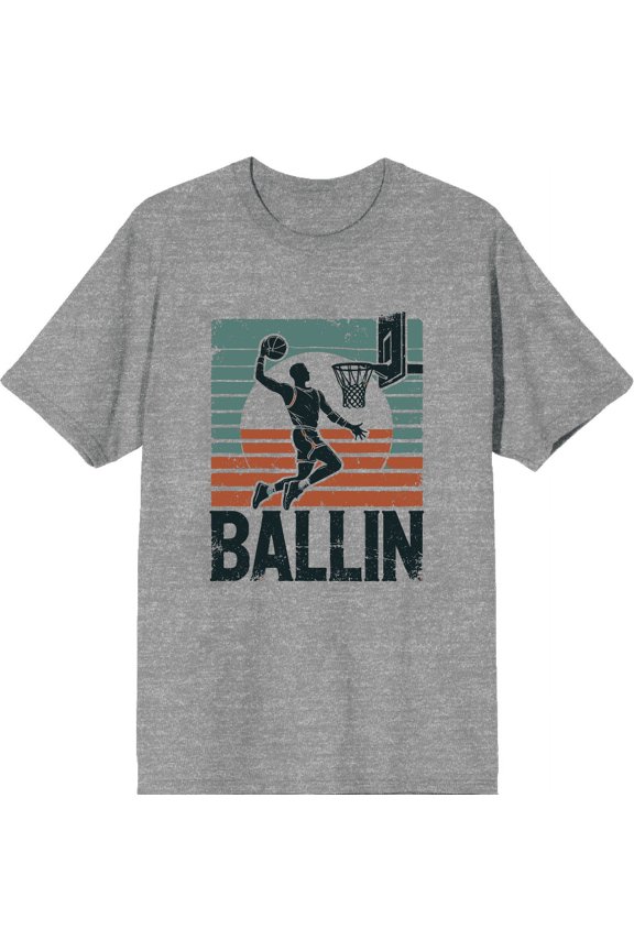 Ballin Slam Dunk Adult Heather Gray Crew Neck Short Sleeve Tee-Medium
