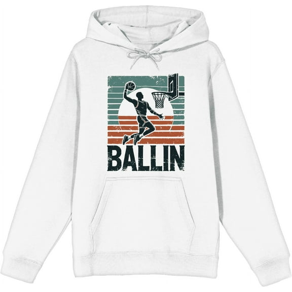 Ballin Slam Dunk Adult White Long Sleeve Hoodie-Small