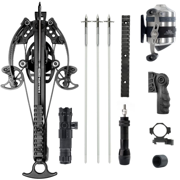 Ballista Bowfishing All-in Bundle: BAT Crossbow w/ BL25 Reel + Seat, Ring Mount, Bottom Picatinny Rail, Arrows, Green Laser