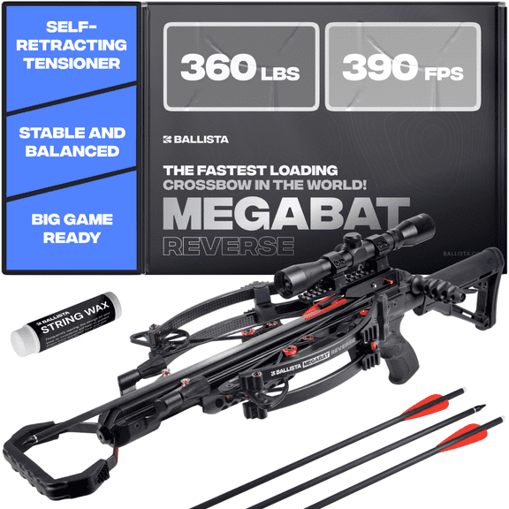 Ballista MEGABAT Reverse Full-Size Crossbow for Hunting and Target Shooting - 390 FPS, 360 lbs