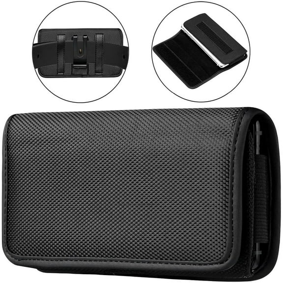 Ballistic Nylon Horizontal Pouch with Metal Clip (6.5 inch & Above Screen Size) - Black
