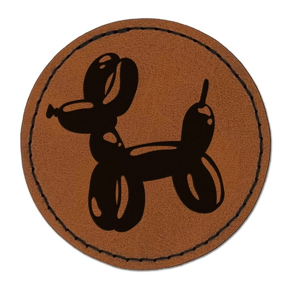 Balloon Animal Dog 2.5" Faux Leather Round Engraved Iron-On Patch - Brown