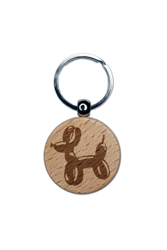Balloon Animal Dog Round Keychain Charm Tag - Engraved Wood