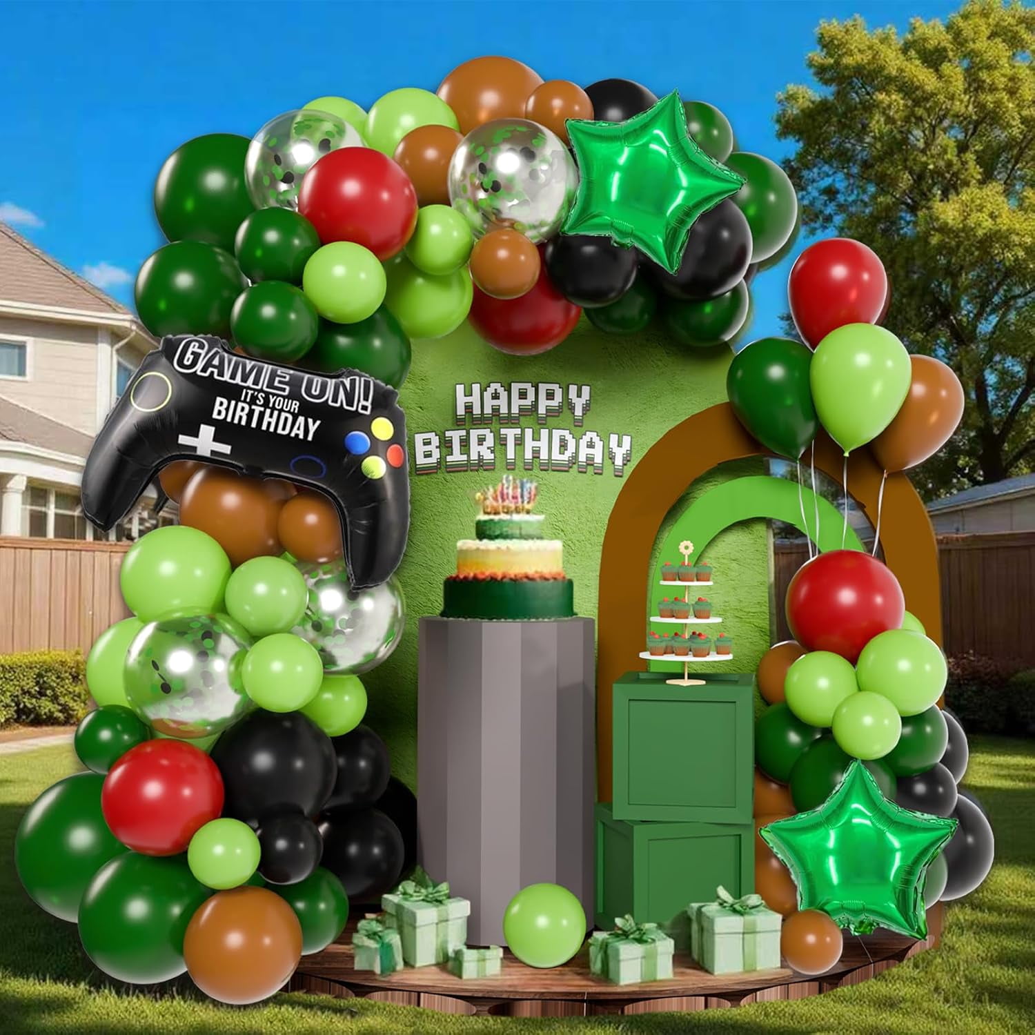 Balloon Arch Garland with Green Brown Black Balloons and Star Confetti for Video Game Theme Birthday Baby Shower Graduation Party Decorations