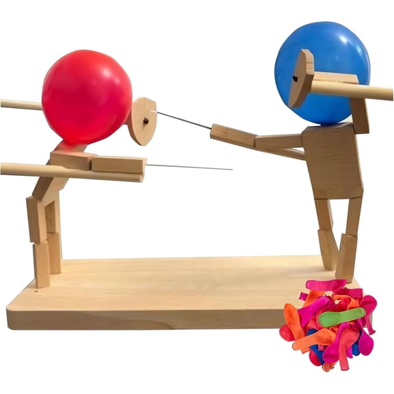 Balloon Bamboo Man Battle,2026 New Pop Handmade Wooden Fencing Puppets, Fun Wooden Bots Battle Game for 2 Players,for Family and Kids,Party Games (with 50pcs balloons)