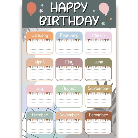 Balloon Birthday Poster Birthday Calendar Chart Balloons Stars Design Boho Style Reminder Date Wall Hanging Bulletin Board Sign