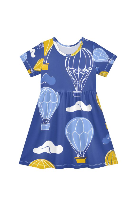 Balloon Cloud Pattern Girls Short Sleeve Dress A Line Sun Protection Breathable Comfort Sundress 3T
