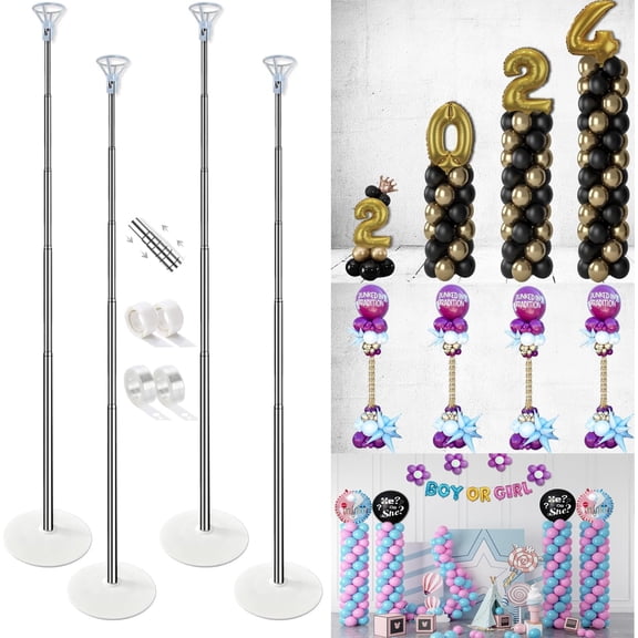 Balloon Column Stand Kit Set of 4, 7ft Height Adjustable Balloon Arch Kit with 2 Ballon Garland Strip, Metal Telescopic Pillar Balloon Stand, Birthday Party, Graduation, Halloween Decorations
